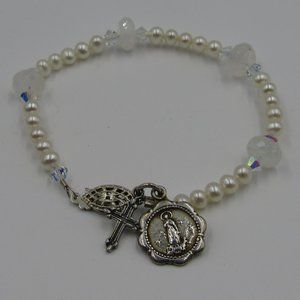 7" Sterling Pearl Religious Cross Charm Bracelet